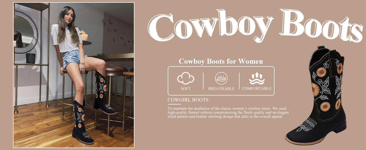 Gloryinterest Western Cowgirl Boots for Women Sunflower Embroidery Square Toe Low Heel US3-11.5 Comfortable Stylish Durable All Season Fashion for Country Music Festivals Rodeos Retro Theme Party Festival Celebrations Daily Wear