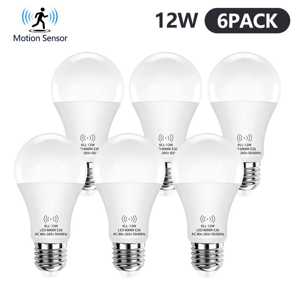 Kasotile Motion Sensor Bulb LED Light E26/e27, 6000k Light, 12w High Power, Energy Saving, Covers Entire Corridor, 6pcs Pack