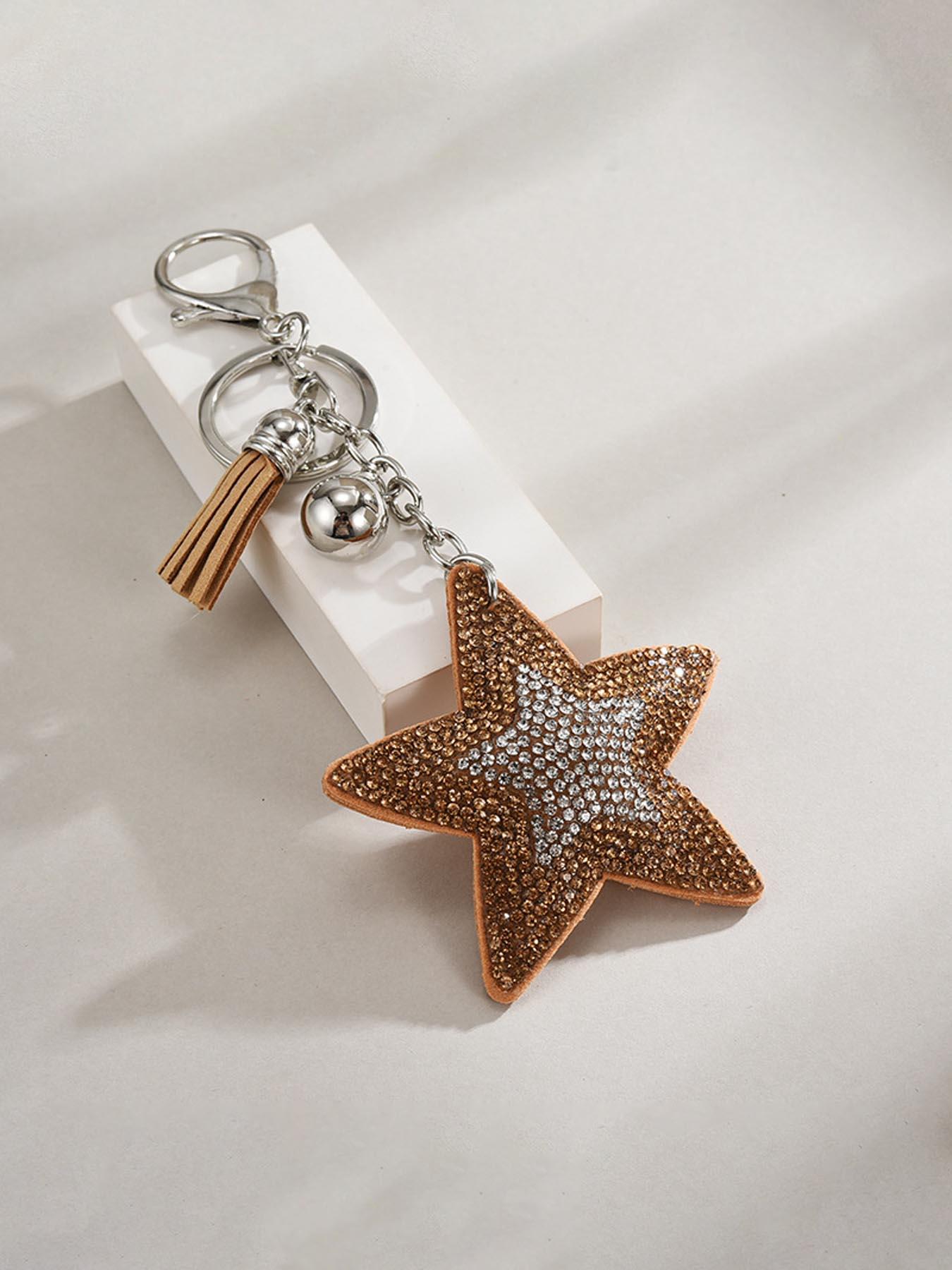 Elegant Two-Tone Rhinestone Star Sequin Keychain, Boho Style Beach Bag Charm, Dual-Sided Design, Fringe Key Ring Accessory