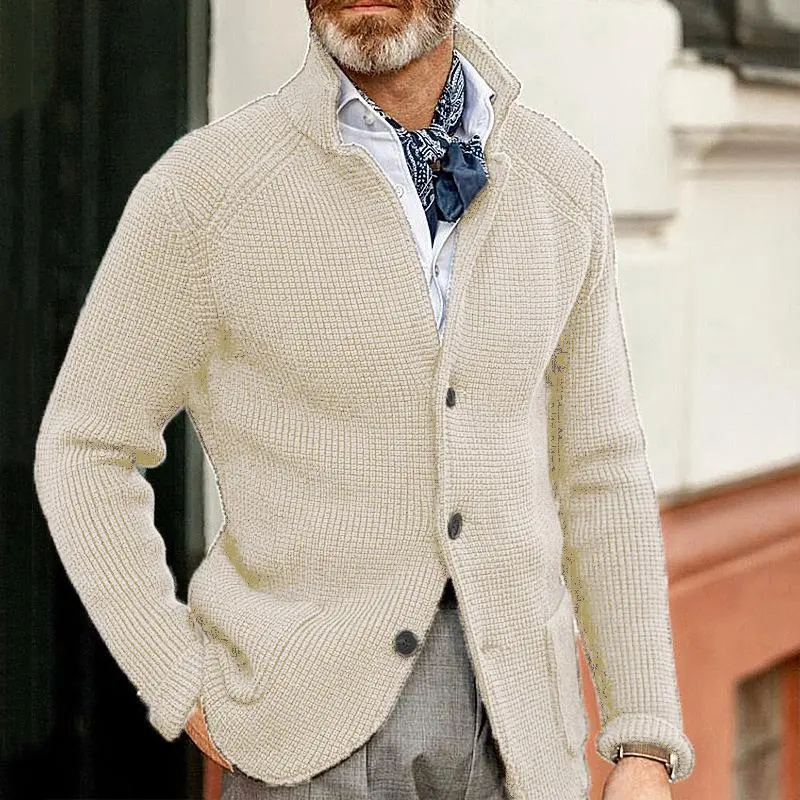 Men's Autumn Winter Stand‑collar Knit Cardigan Sweater Slim‑fit Plus‑size Outerwear Classic Button Front Knit Men's Clothing With Side Pockets Loose Casual Knitted Jacket