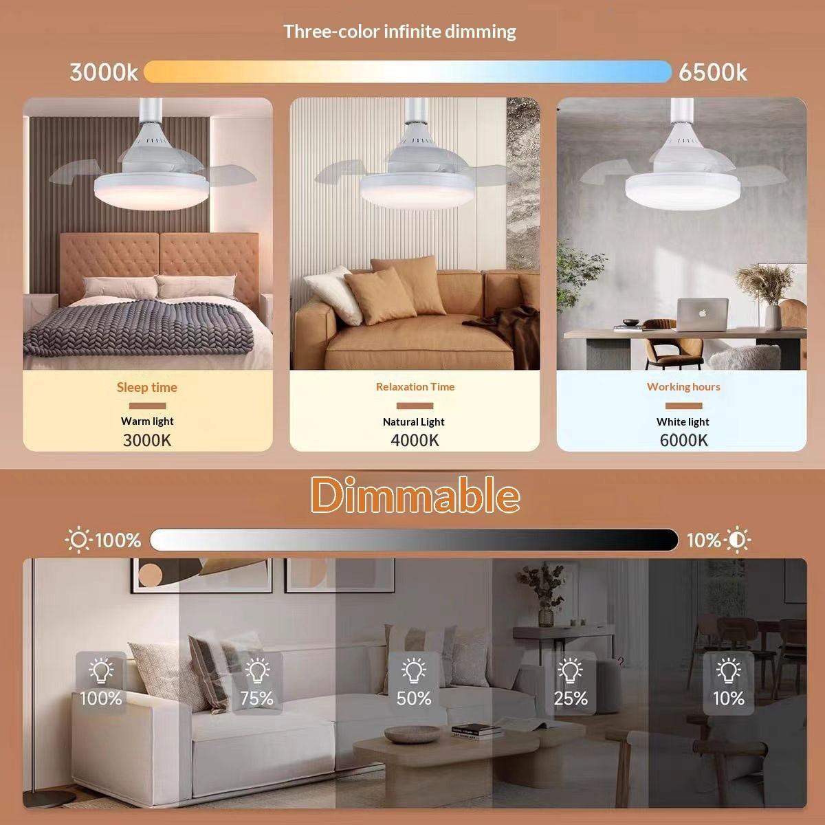 LED ceiling fan light, white, stepless dimming, invisible ceiling fan lamp, with remote control + APP control, suitable for bedrooms, living rooms, kitchens, studies, indoor lighting and fan light.