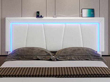 Sikaic Faux Leather Platform LED Bed Frame With Storage Drawers And USB Ports Adjustable Headboard White Furniture Modern Interior Design Luxury