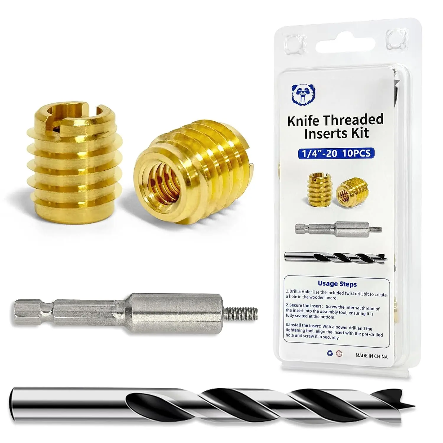 Threaded Inserts for , Installation Kit, Brass, Includes 1/4"-20  Thread Inserts (10pcs), Drill, Installation Tool