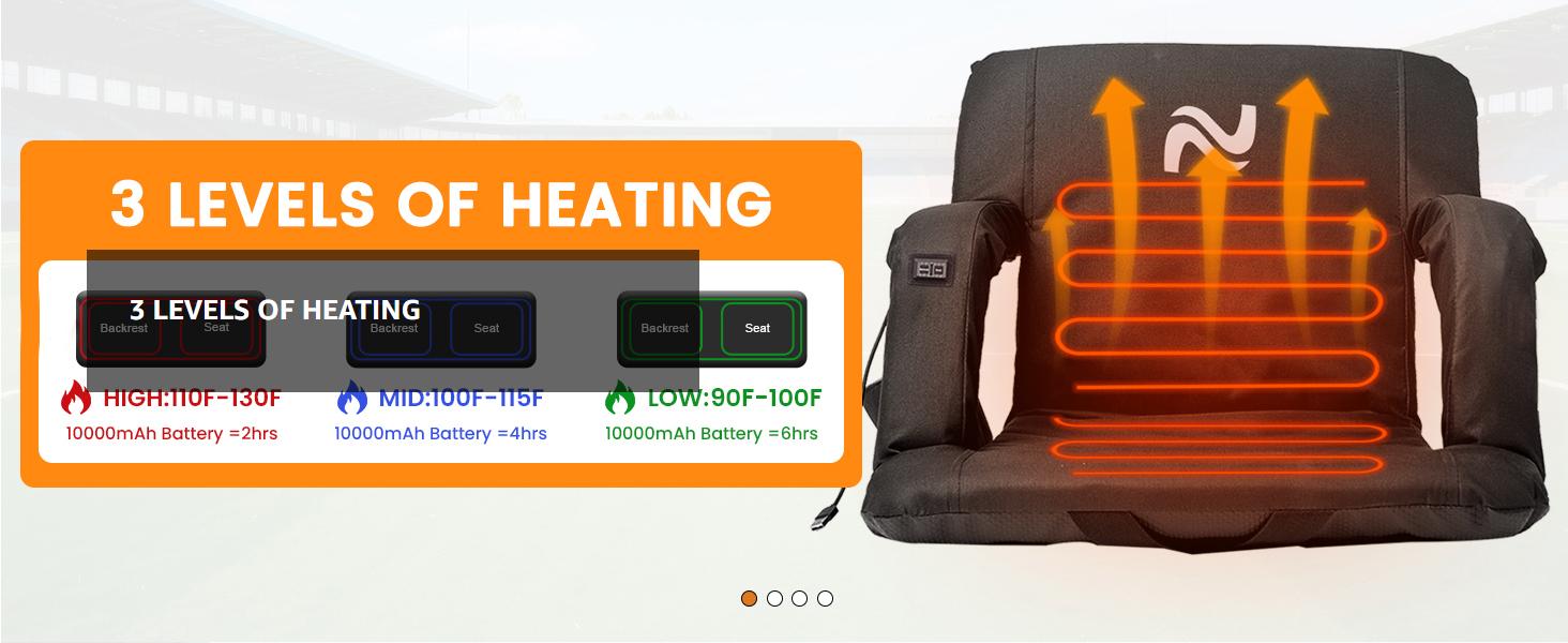 SLSY Heated Bleacher Seat with Battery, Heated Stadium Seats 6 Reclinng Positions and 3 Levels of Heat Heated Stadium Chair with Back & Arm Support