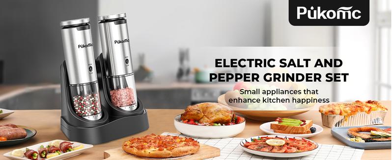 Pukomc Smart Electric Grinder Set – 6 adjustable coarseness levels, rechargeable base with LED light, one-handed operation, detachable for easy cleaning. Includes 12 grinding refills & accessories.