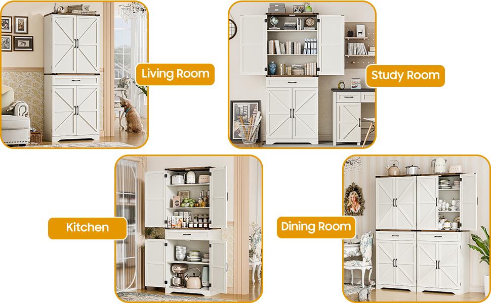 Vabches 72" Tall Farmhouse Kitchen Pantry, Farmhouse Storage Cabinet with Adjustable Shelves, Large Capacity Storage Cabinet with Drawer,Freestanding Cupboard for Kitchen, Dining Room, Living Room