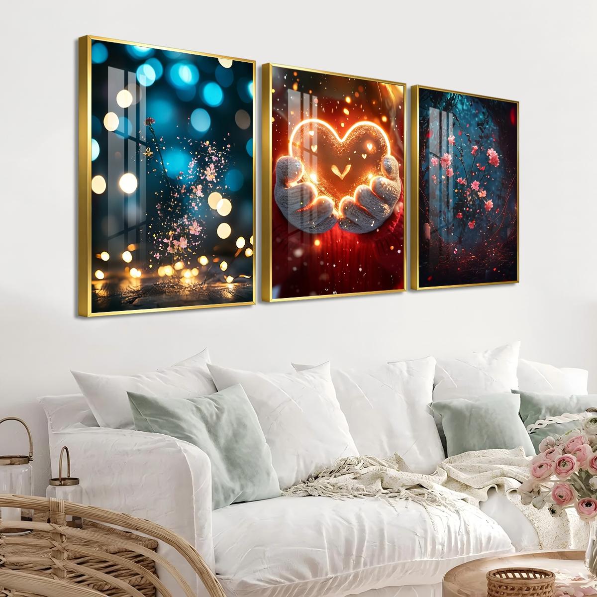3 Counts Aluminum Alloy Framed Painting, Glowing Heart And Blooming Flowers Pictures, Home Decoration For Living Room, Bedroom, Office, Restaurant, Hallway Wall Decor, Odorless Print Artwork, Luxury Perfect Gift For Friends And Family