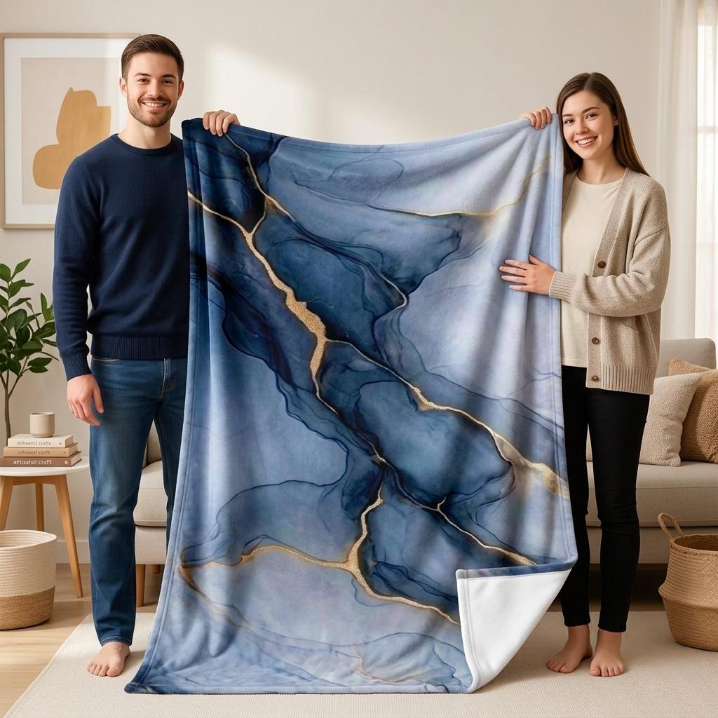 1 piece Blue-gray marble texture with golden crack design themed flannel blanket - All-season flannel blanket, suitable for sofas and beds, super soft and comfortable, modern design, digitally printed pattern, 100% polyester material, machine