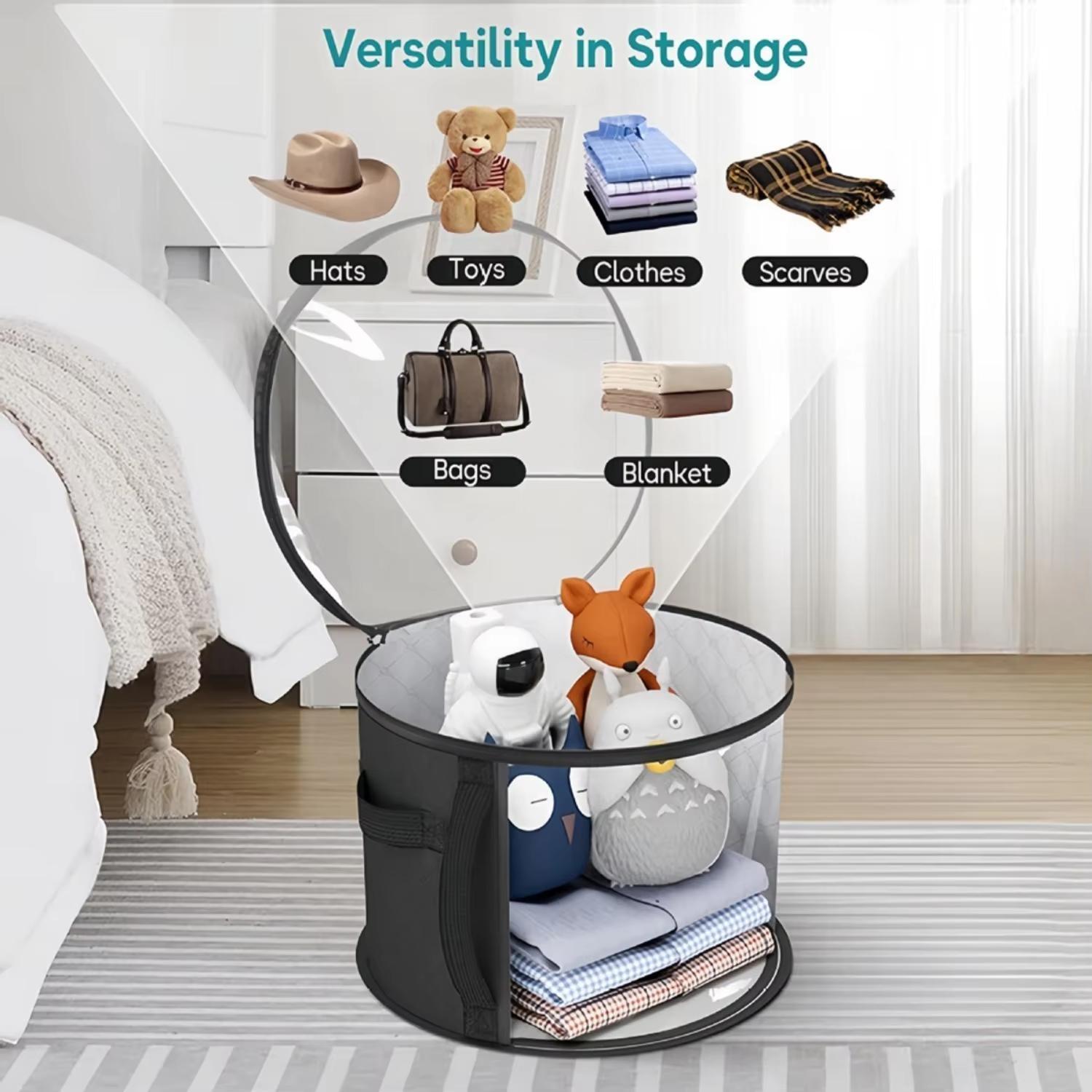 Foldable Hat Storage Bucket, Travel Organizer with Handle and Transparent Window, Round Collapsible Cap Holder for Clothes Organization