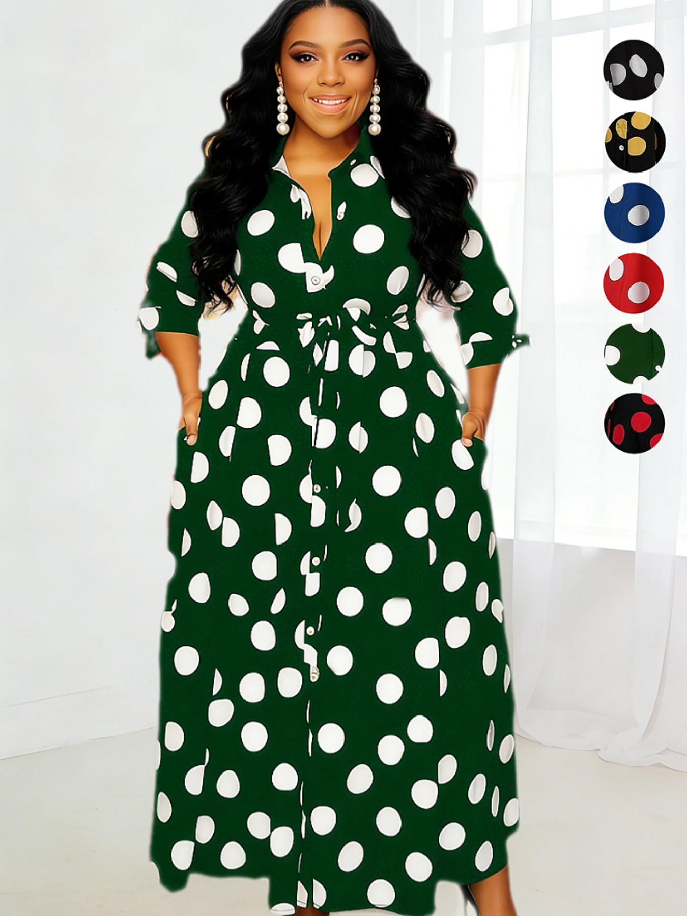 Plus Size Polka Dot Print Belted Button Front Shirt Dress, Elegant 3/4 Sleeve Tie Front High Waist Long Dress for Vacation Holiday Party, Women's Clothes for Summer Plus Size Polka Dot Print Belted Button Front Shirt Dress, Elegant 3/4 Sleeve Tie Front High Waist Long Dress for Vacation Holiday Party, Women's Clothes for Summer