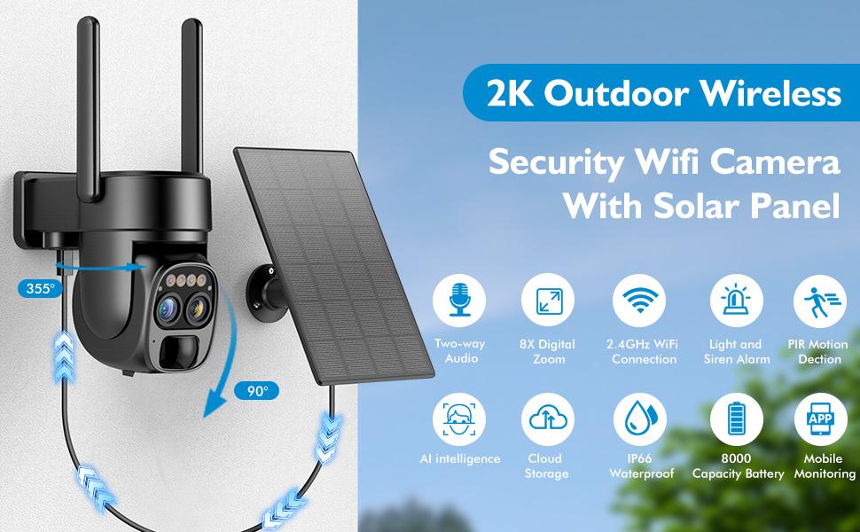 Hawkray 2 PC-Pannel Solar-Powered Wireless Outdoor Security Camera, Dual Lens, Dual Viewing Angle, 10x Zoom, 2K Resolution, 3MP, 360° Pan/Tilt, 2.4 and 5G WiFi, Battery-Powered Camera, Spotlight, Alarm, PIR Motion Detection
