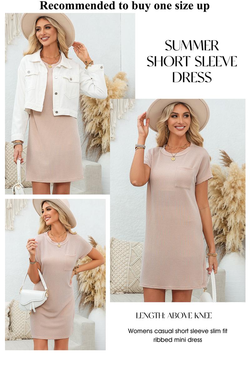 EVALESS Women's Casual Summer Dress Outfits,Crewneck Short Sleeve Color Block Mini Dress,Ribbed Knitwear Slim Fit Rose Red Dress,2026 Trendy Womenswear Outdoorfun