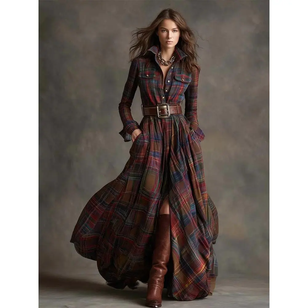 Women's New Arrival Plus Size French Retro Plaid Dress, Slimming Irregular Hem, Unique Design Casual Dress