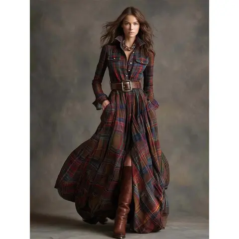 Women's Plus Size New Arrival French Retro Plaid Casual Dress - Small Lapel, Slimming Cut, Irregular Hem, Retro Look Unique Design