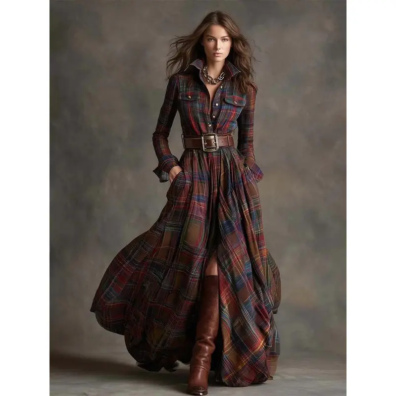 Women's Plus Size New Arrival French Retro Plaid Casual Dress - Small Lapel, Slimming Cut, Irregular Hem, Retro Look Unique Design