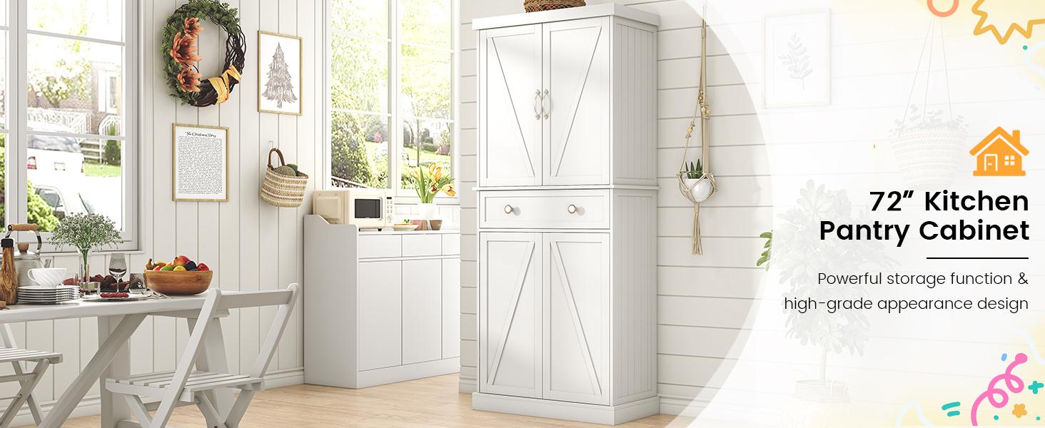 72” Pantry Cabinets, Tall Kitchen Pantry Cabinet with Drawer and Adjustable Shelves, Buffet Cupboards Kitchen Pantry Storage Cabinet for Kitchen, Living Room, Dining Room Use