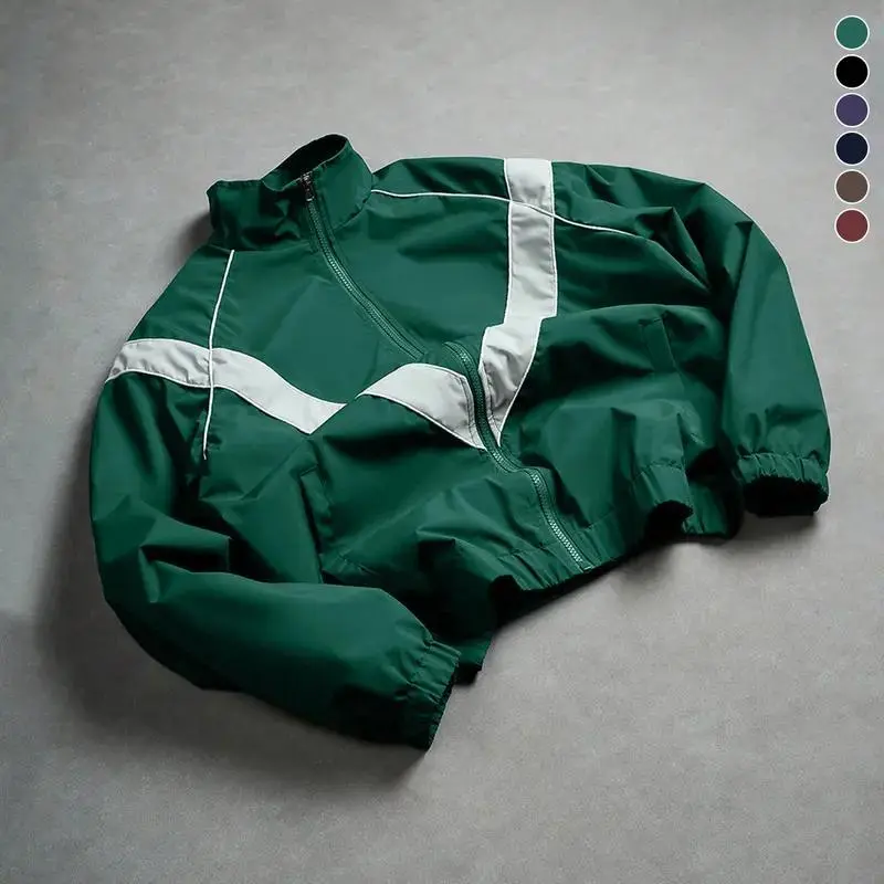 Men's Stylish Casual Stand Collar Polyester Long Sleeve Jacket - Contrasting Color Trim, Windproof, Abrasion-Resistant, All-Seasons Layering Top - Ideal for Daily Street Fashion, Cycling Outerwear