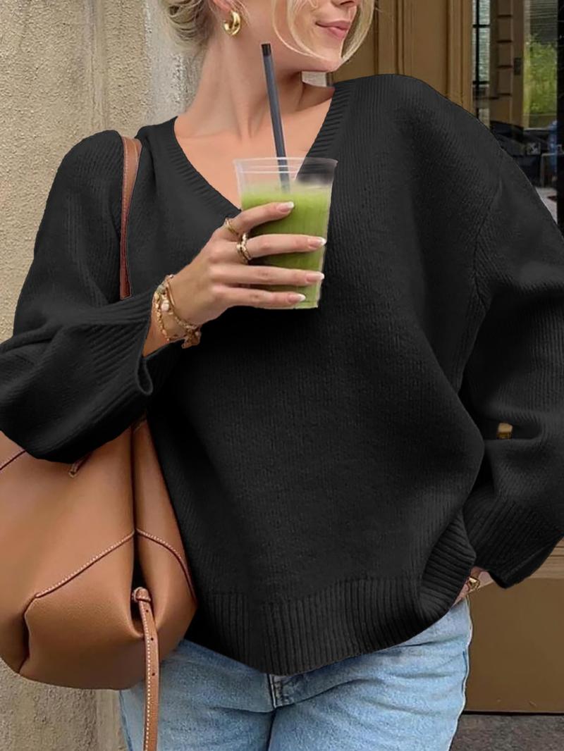 Pure Color Casual V-Neck Long Sleeve Loose Knit Sweater, Fitted Style for Fall, Comfortable and Stylish Women's Pullover