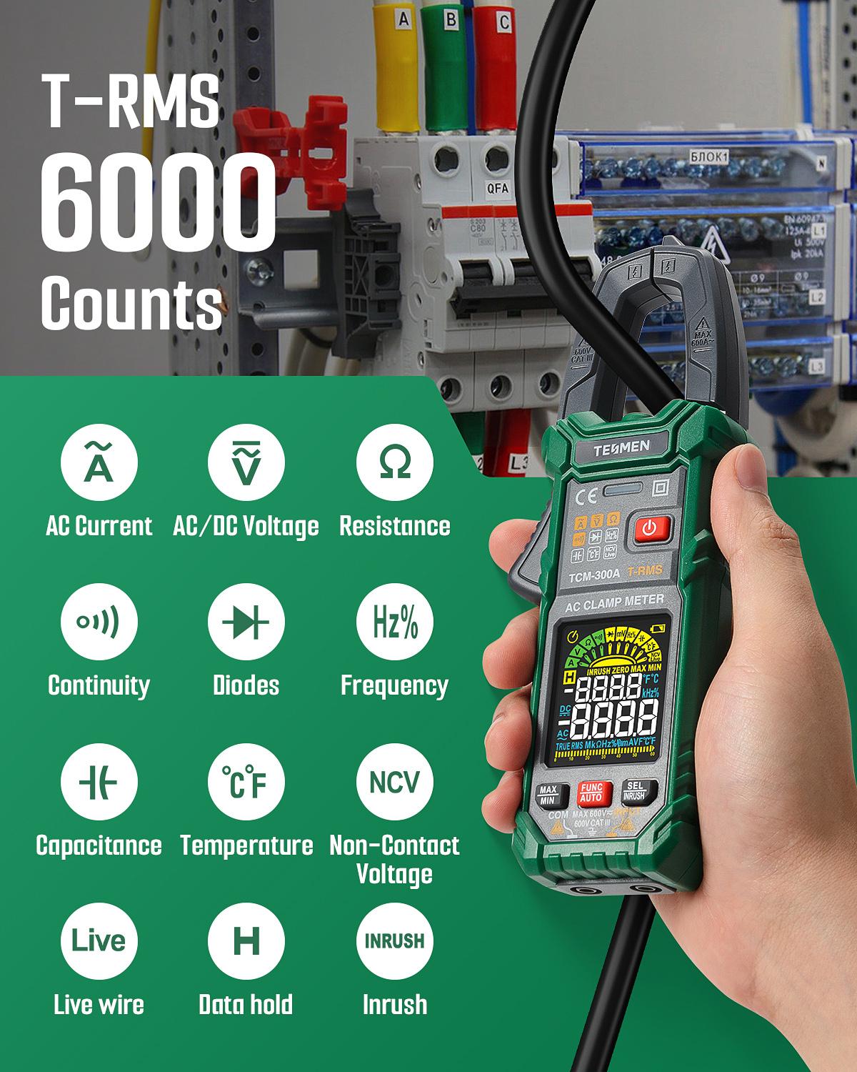 TESMEN TCM-300 Smart Clamp Meter Multimeter, 6000 Counts, Smart Measurement, Auto-Ranging with AC/DC Voltmeter, Non-Contact Voltage Detection, Measures AC/DC Volatge, Current, Resistance, Capacitance, Diode, Temperature, Continuity, Hz% TESMEN TCM-300 Smart Clamp Meter Multimeter, 6000 Counts, Smart Measurement, Auto-Ranging with AC/DC Voltmeter, Non-Contact Voltage Detection, Measures AC/DC Volatge, Current, Resistance, Capacitance, Diode, Temperature, Continuity, Hz%