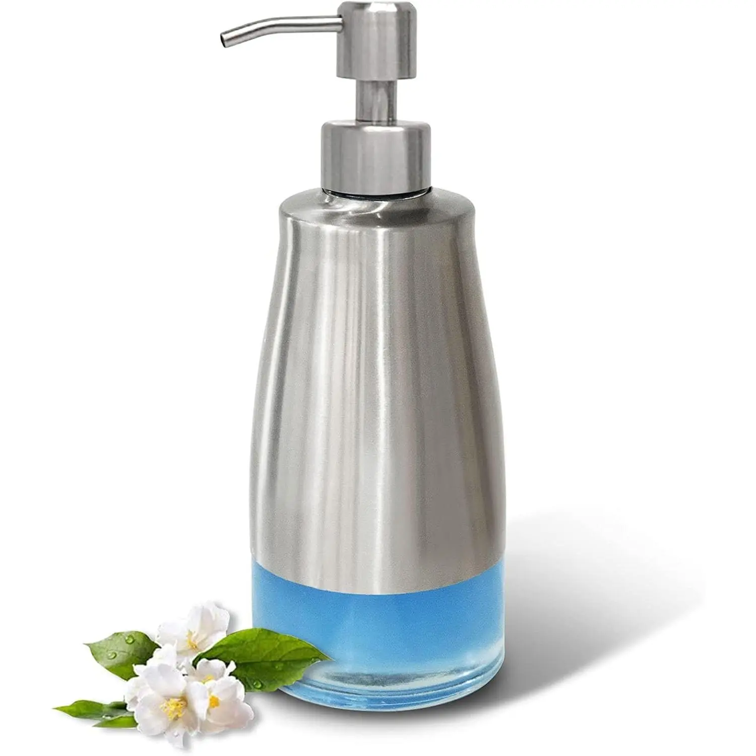 Dish Soap Dispenser with Stickers, Kitchen Soap Dispensers Brushed Nickel Stainless Steel and Glass Combined, Refillable Liquid Hand Soap Dispenser for Bathroom & Kitchen (11OZ / 320ML)