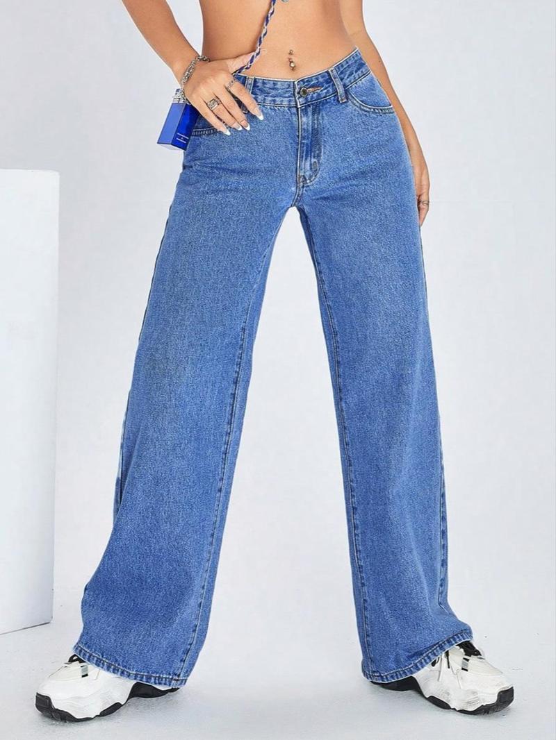 Women's Mid-Waist Wide Leg Straight Jeans, Trendy Coffee Casual Fashion, Zipper Fly, Pockets, All Seasons