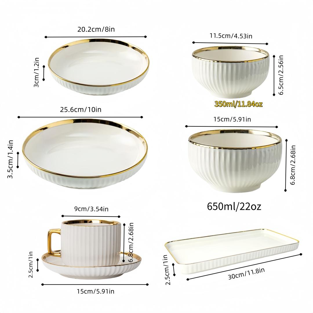 Multiple Ceramic Tableware Sets - Customize Your Own Combination, Vertical Stripes, Suitable for Multiple People, Dishwasher & Microwave Safe, Ceramic Dinnerware Set