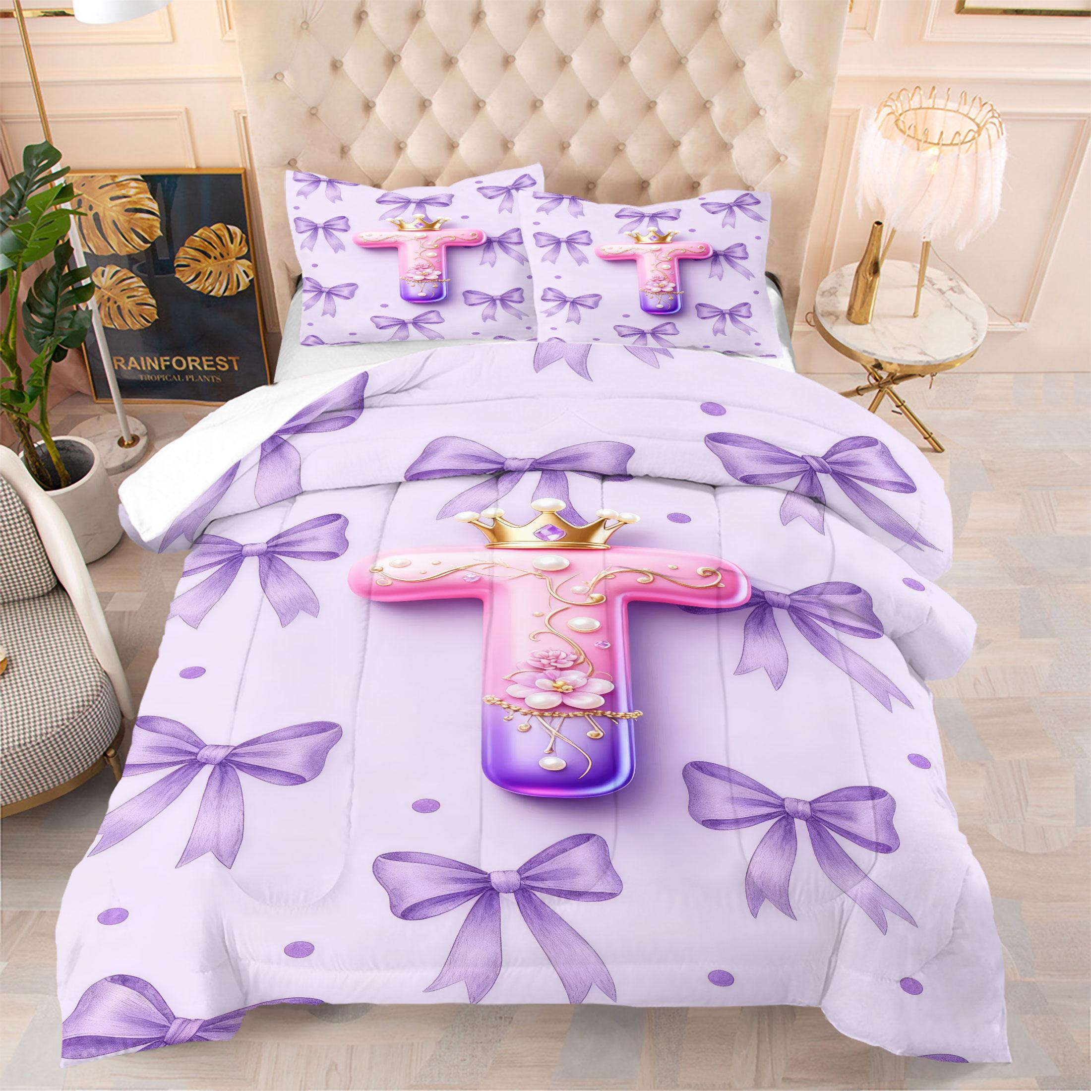 Bow Pattern Comforter Set, 3D Crown Letter Print Comfy Bedding Set, Fashion Princess Style Design, Soft and Comfortable Microfiber Material, Perfect for Girls Teenage Room Decor Home Decorating Kit, No Filler Included