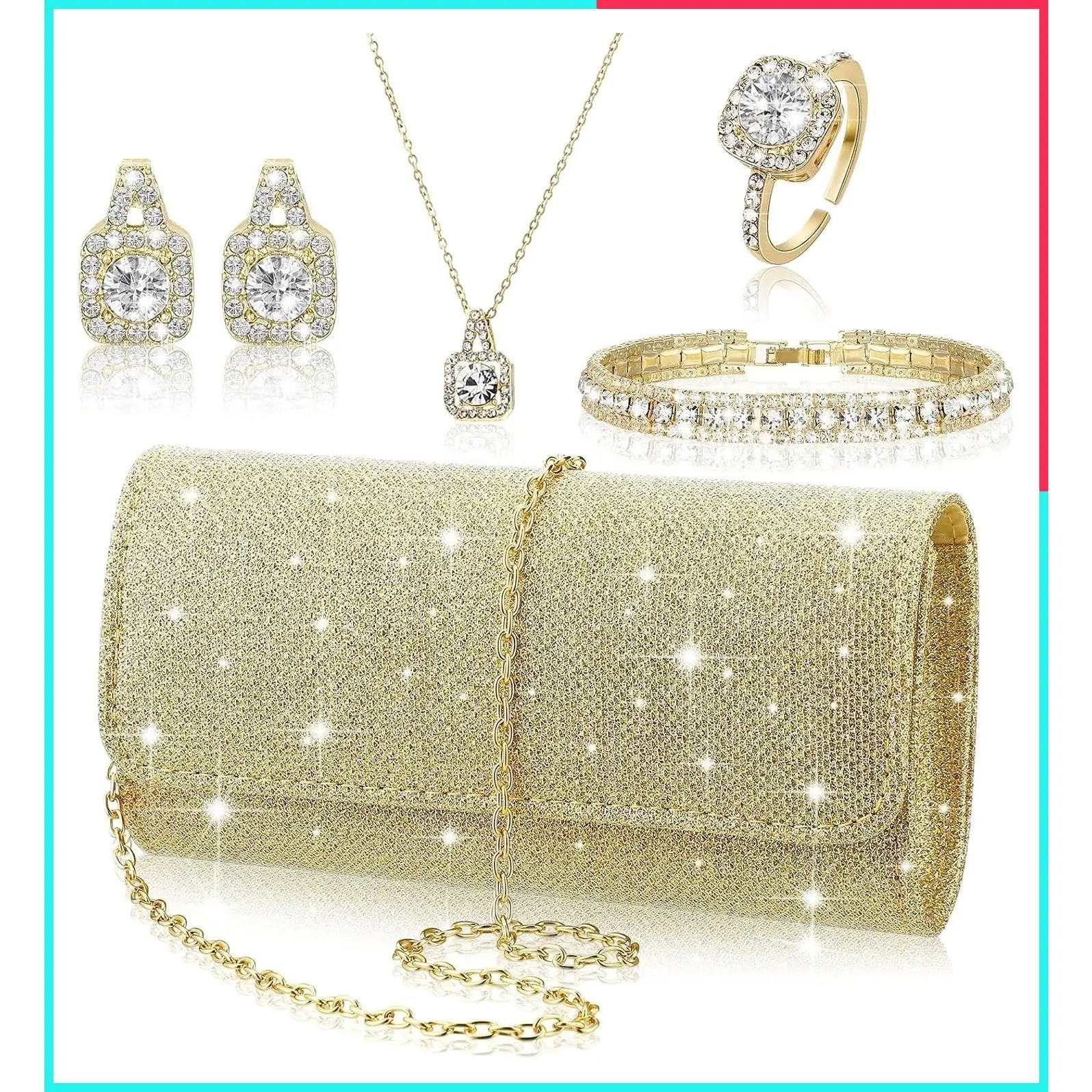 5 Pcs Rhinestone Jewelry Set for Women Glitter Bling Clutch Purse Necklace Earrings Bracelet Ring Bridal Wedding Accessories
