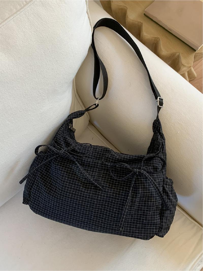 Casual versatile checkered striped pattern women's shoulder bag, large capacity, portable crossbody bag, adjustable shoulder strap, Crossbody Tote Bag