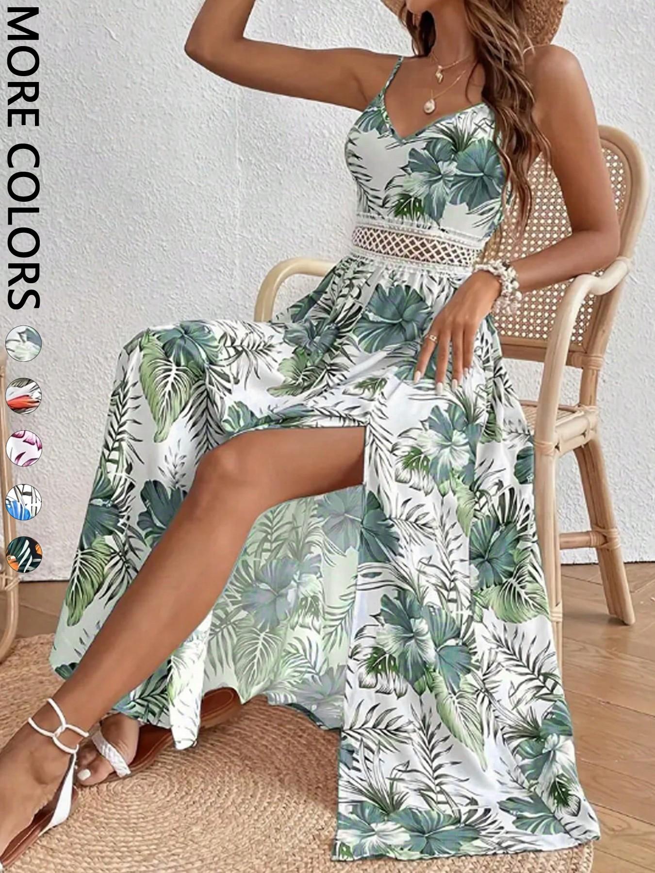 Women's Summer Holiday V-Neck Sleeveless Tropical Print Bohemian Maxi Dress with High Side Slit Women's Summer Holiday V-Neck Sleeveless Tropical Print Bohemian Maxi Dress with High Side Slit