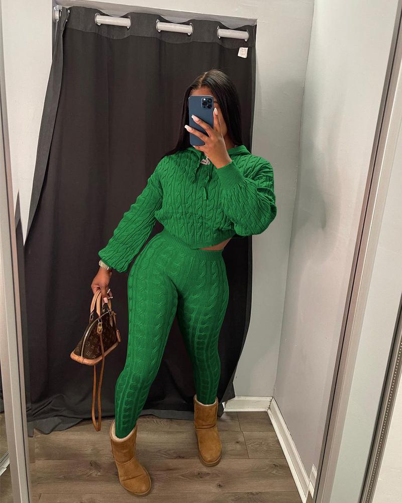 USBoutique Chic Two-piece Set Women's Solid Drop Shoulder Cable Knit Crop Sweater & High Waist Pants. Casual Fashion Cozy Plush Outfits for Daily Outdoor Wear, Women Clothes for Fall & Winter, Fall Outfits. Green Hoodie Girl, Drop Shoulder Sweater