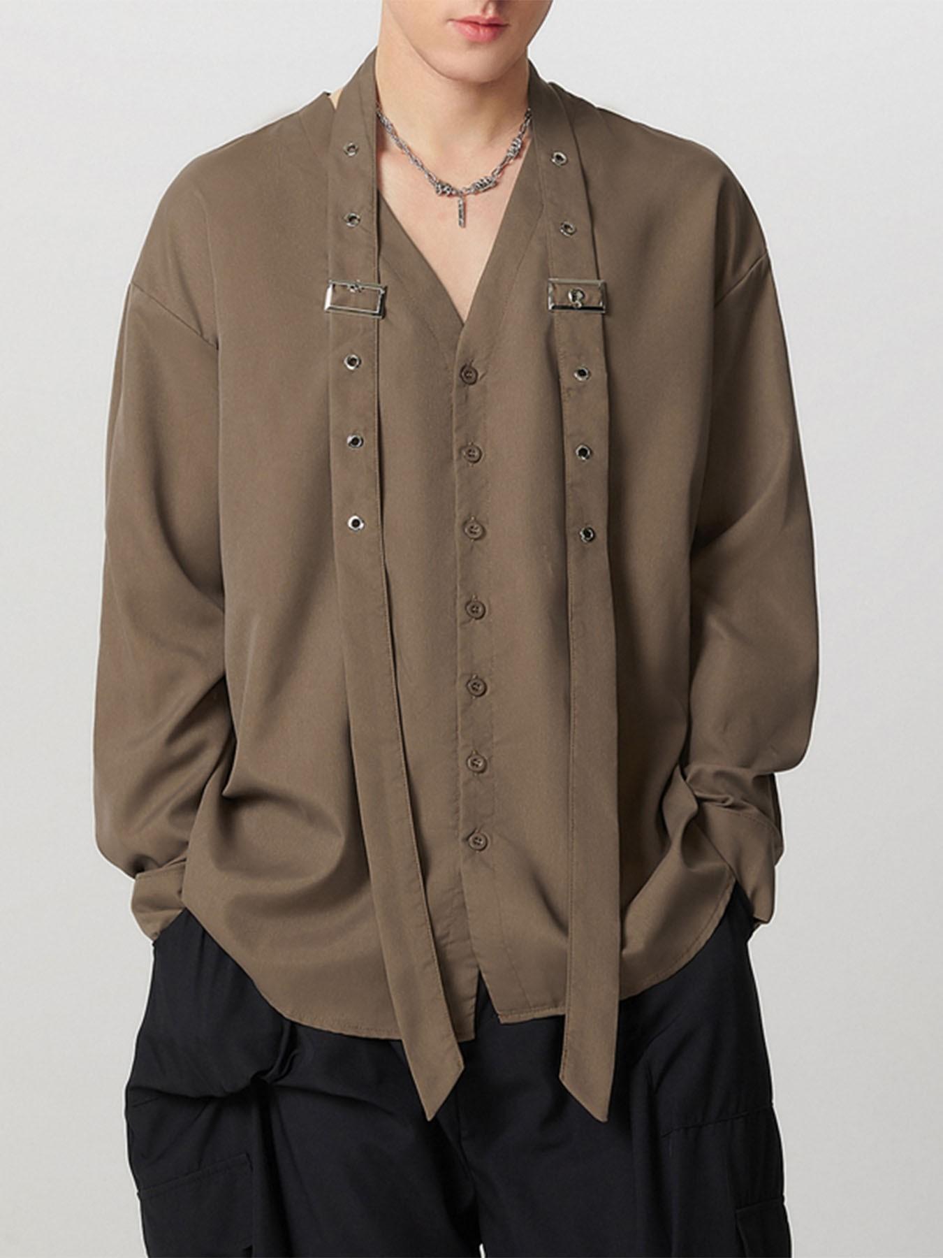 INCERUN Men's Fashion Solid Color Tie Design Long Sleeve Shirt, Casual Loose-Fit Top for Summer Daily Wear, All-Season Clothing