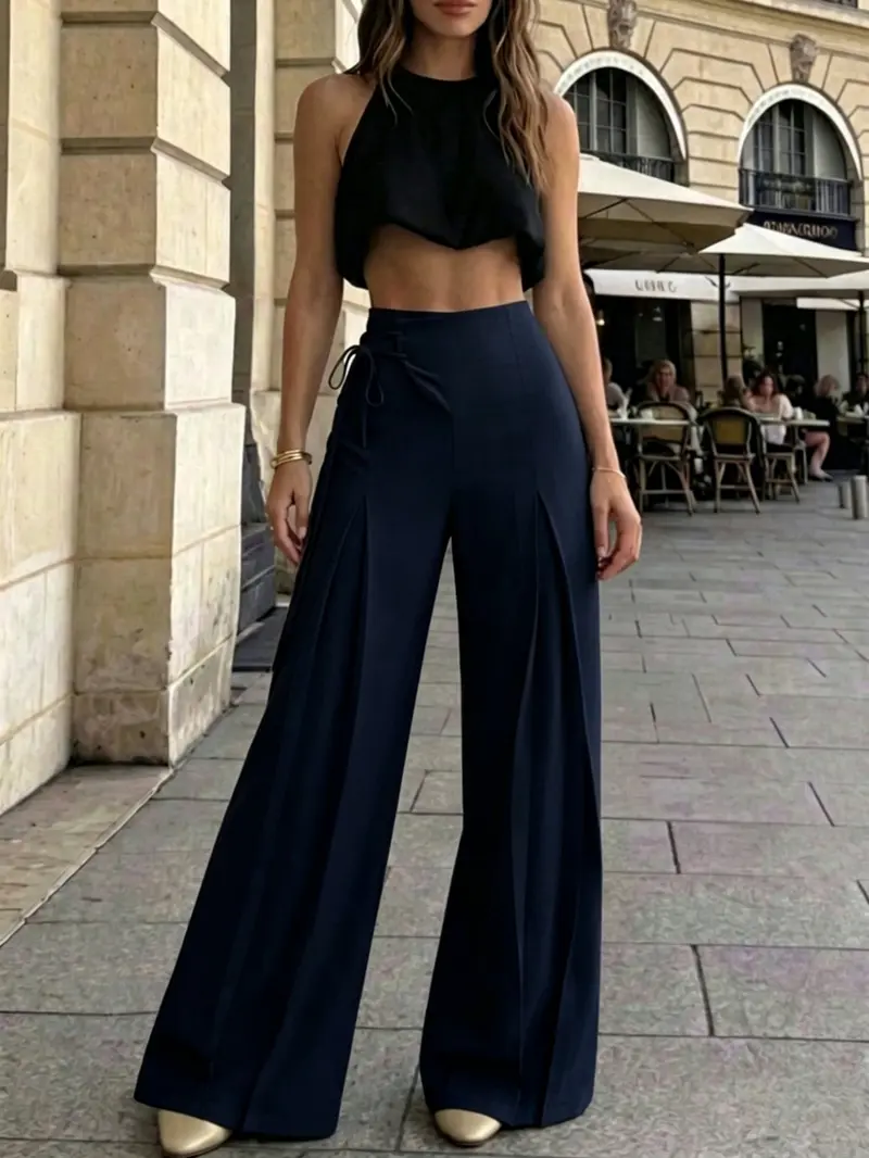 Women's Elegant Chic High-Waist Wide-Leg Pants, Casual Summer Long Pants, Loose Fit Retro Style Plain Bottoms