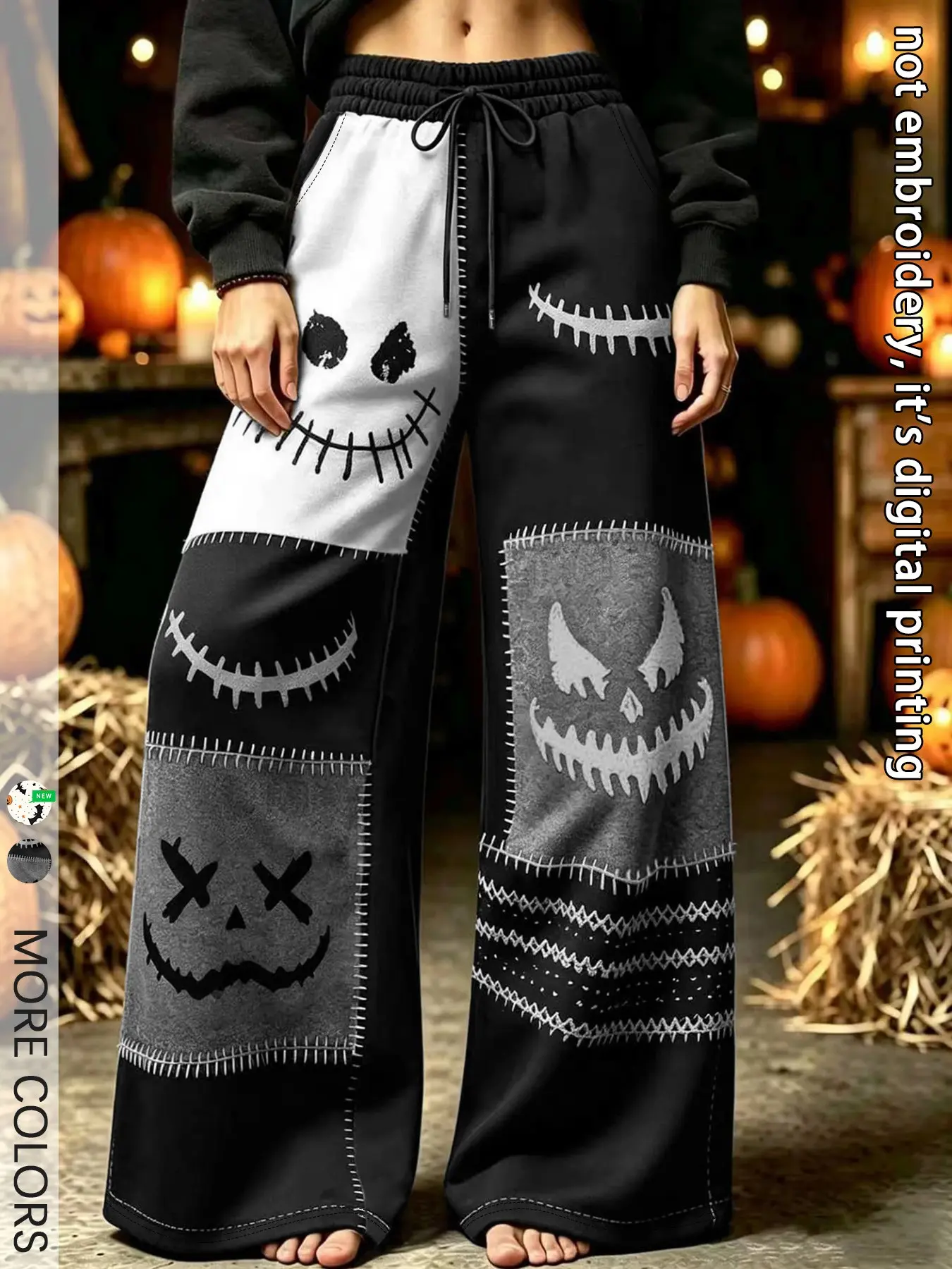 Women's Goth Halloween Women Pants, Spooky Pumpkin Patchwork Digital Print Drawstring Elastic Waist Regular Party Casual Sweat Trousers, for Festival Outfit and  Halloween Gifts