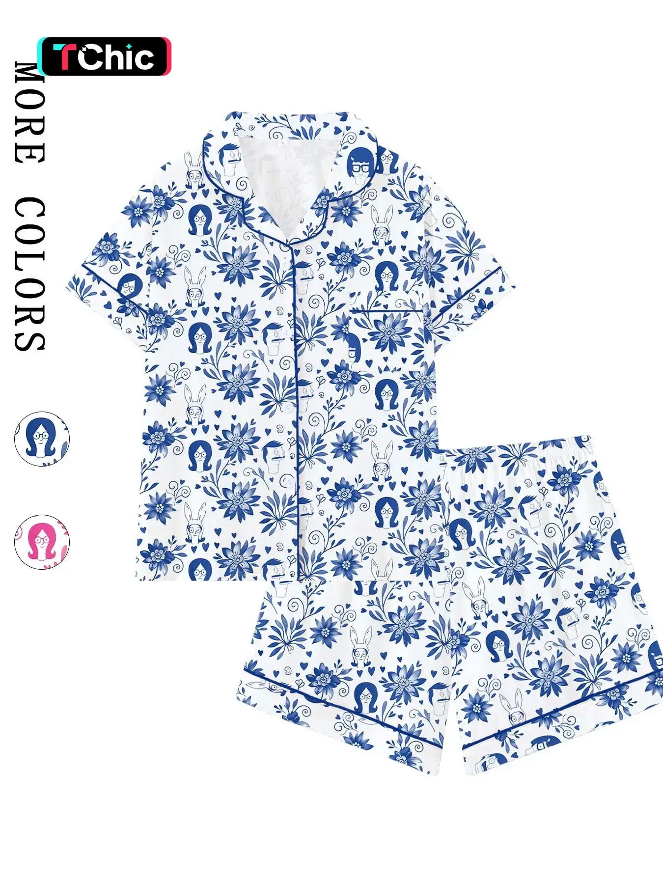 Cute Bob's Burgers Themed Cartoon Print Lapel Collar Short Sleeve Pajama Set, Pyjamas, Collared, All Seasons Nightwear, Loungewear, Homewear, Suitable for Sleep Party, Comfortable Pajamas, Pjs, Ideal Gift