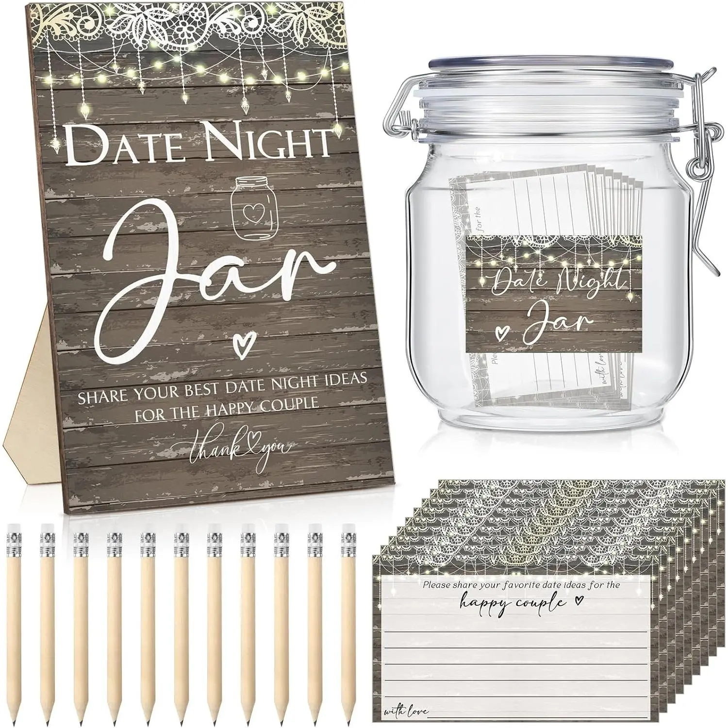 114 count Bridal Shower  Include Date Night Jar Wooden Sign 100 Cards 10 HB Pencils 2 Stickers for  off The Market Wedding Reception  Date Idea Party Favor Decoration (Rustic)