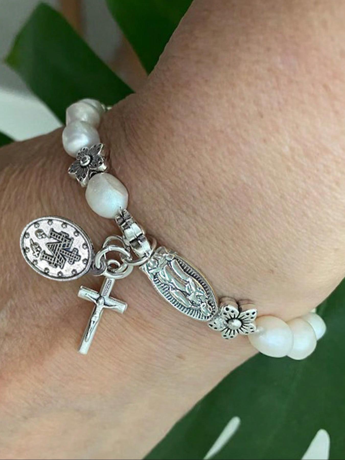 Vintage Cross Saint Mary Pendant Faux Pearl Floral Elastic Beaded Bracelet, Unisex Casual Party Creative Jewelry for Men and Women Faith Wear Jewelry