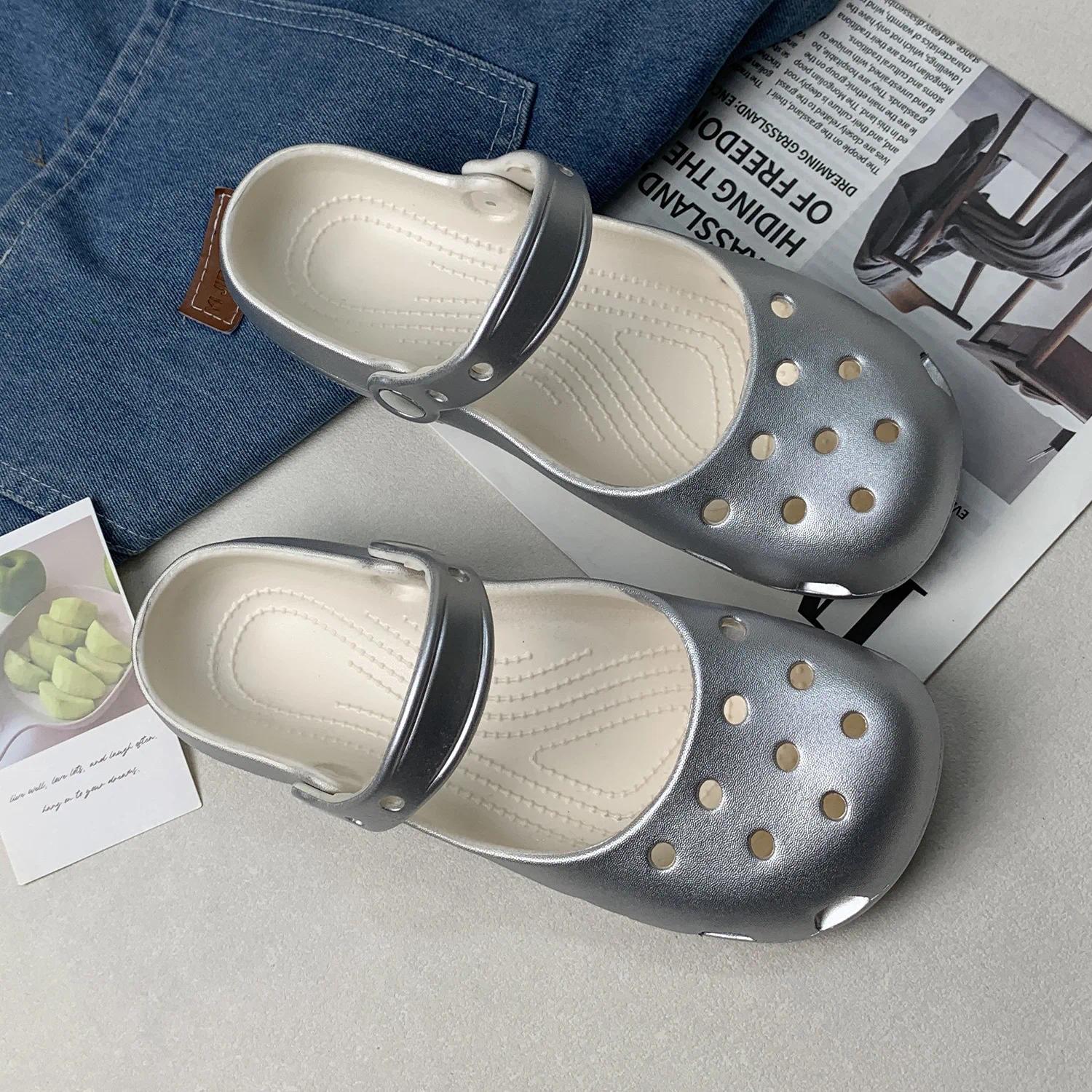 Retro EVA Outer Wear Mary Jane Slippers Shoes Summer New Women's Cute Ballet Hole Shoes Anti Slip Outdoor Beach Sandals
