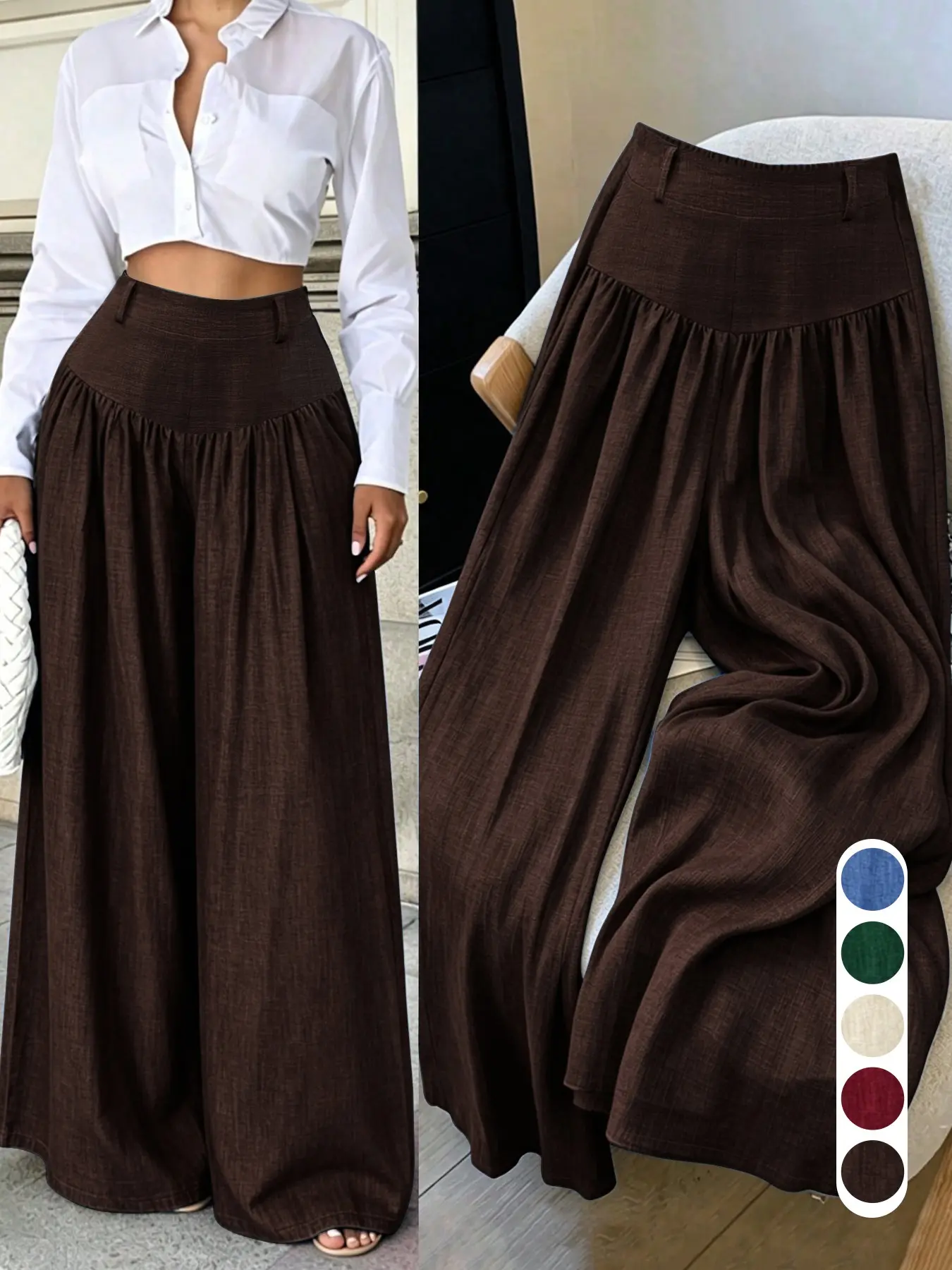 High-waisted pleated wide-leg pajama pants in a linen-look fabric, loose and flowy women's casual floor-length trousers Du2603