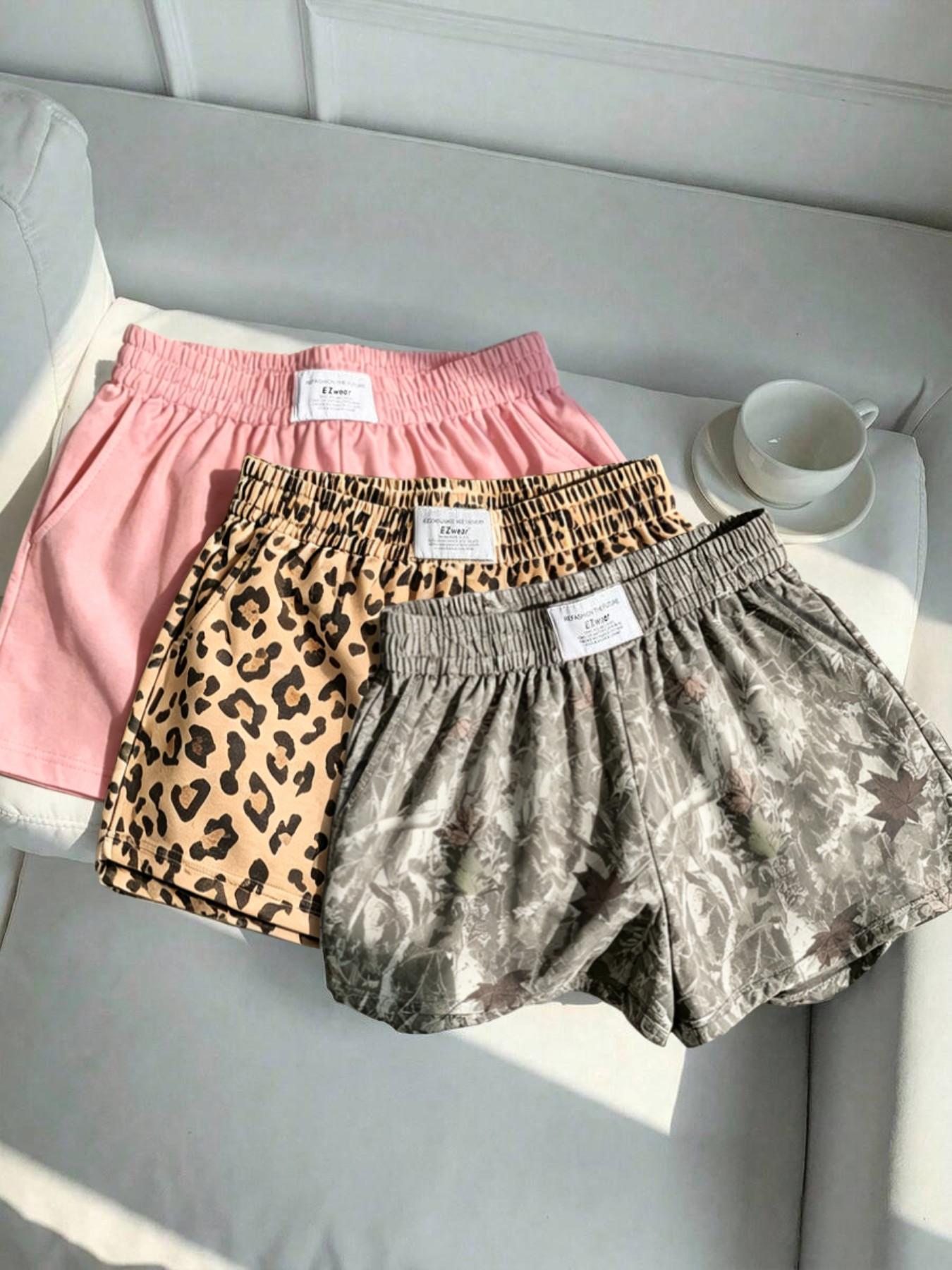 3-Pack Women's Summer Casual, Fashion, Elastic Waistband Shorts: Leopard Print + Solid Color – Comfortable, Loose Fit. Soft fabric, slant pockets, letter tag design. Suitable for daily light exercise, going out, home wear