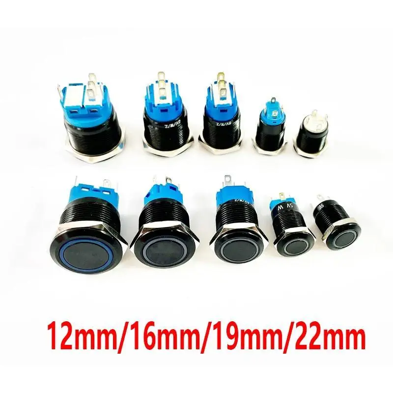 Black Push Button Switch 12/16/19/22mm Waterproof Illuminated Led Light Metal Flat Momentary Switches with Power Mark 5V 12V 24V