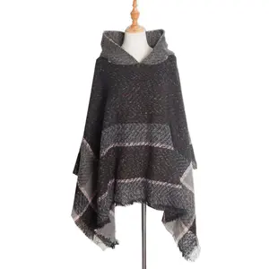 New Autumn Winter Fishbone Pattern Women's Hooded Cape Pullover Cape Women Poncho Lady Capes Black Cloaks