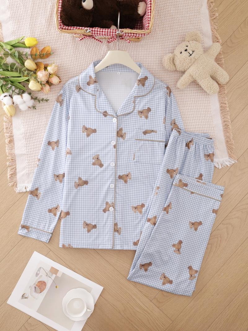 Two-piece Set Women's Heart/ Strawberry Print Pajama Set, Casual Comfy Long Sleeve Lapel Collar Top & Pants Pj Set, Ladies Sleepwear for Spring & Fall