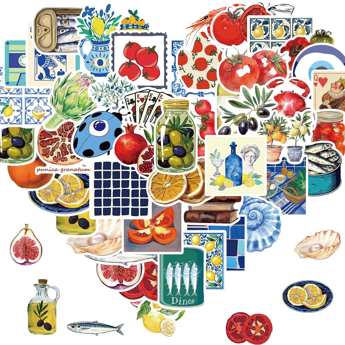 Mediterranean Food Sticker, 50pcs Cartoon Mediterranean Tomato Food Vinyl Decals for Decor Laptops, Aesthetic Cute Lemon Labels Sticker for DIY Scrapbook