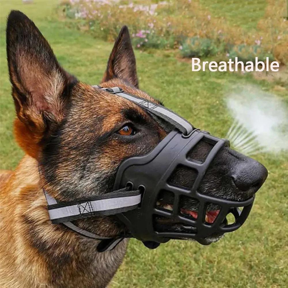 Reflective Silicone Dog Muzzle - Hollow-Out Design, Breathable Basket, Adjustable Size Buckle, Anti-Bite Anti-Chewing Outdoor Accessory for Medium & Large Dogs, Size M