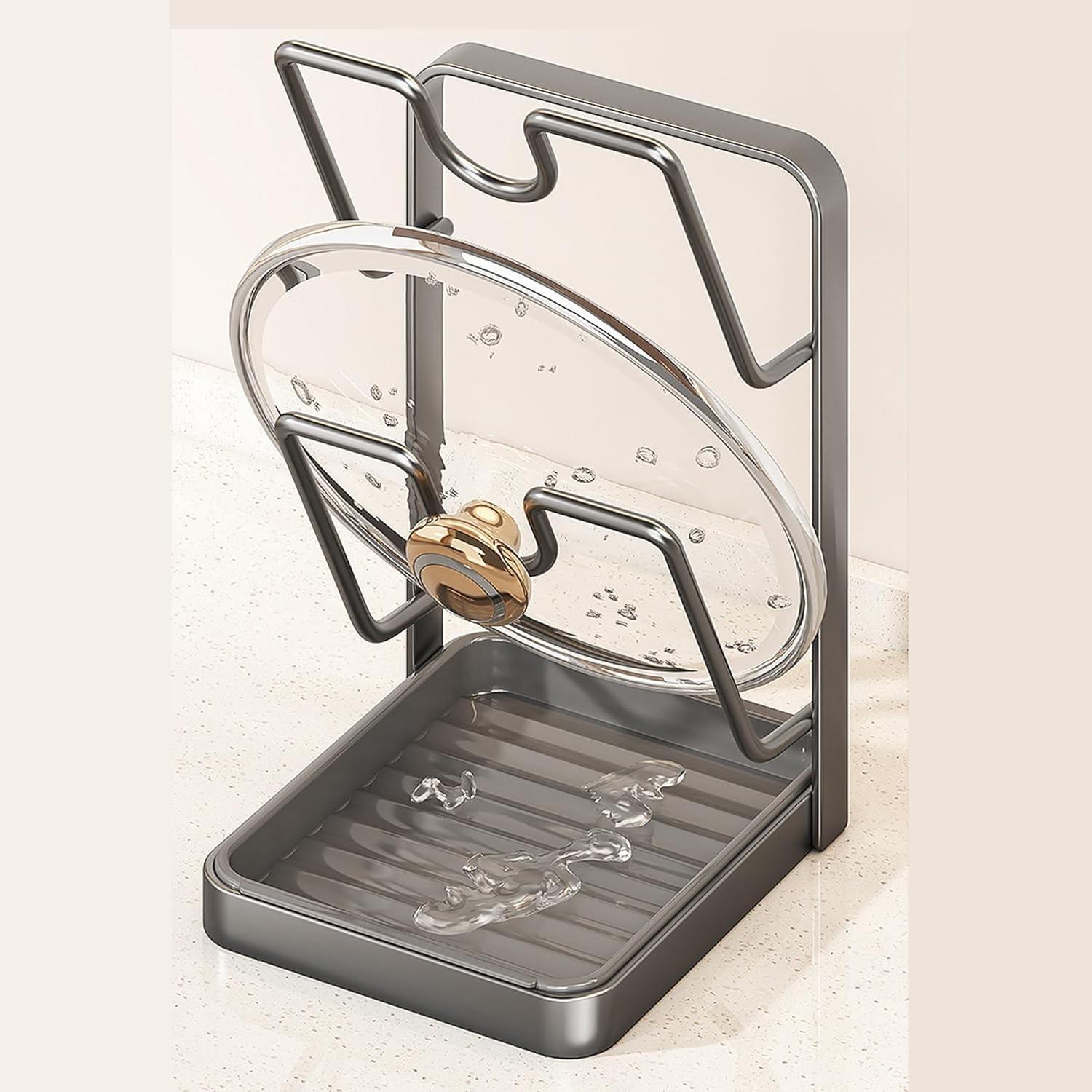 Kitchen Pot Lid Storage Rack, 2026 Upgraded Multi-Functional Pot Lid Organizer, Cooking Lid Holder with Detachable Drip Tray