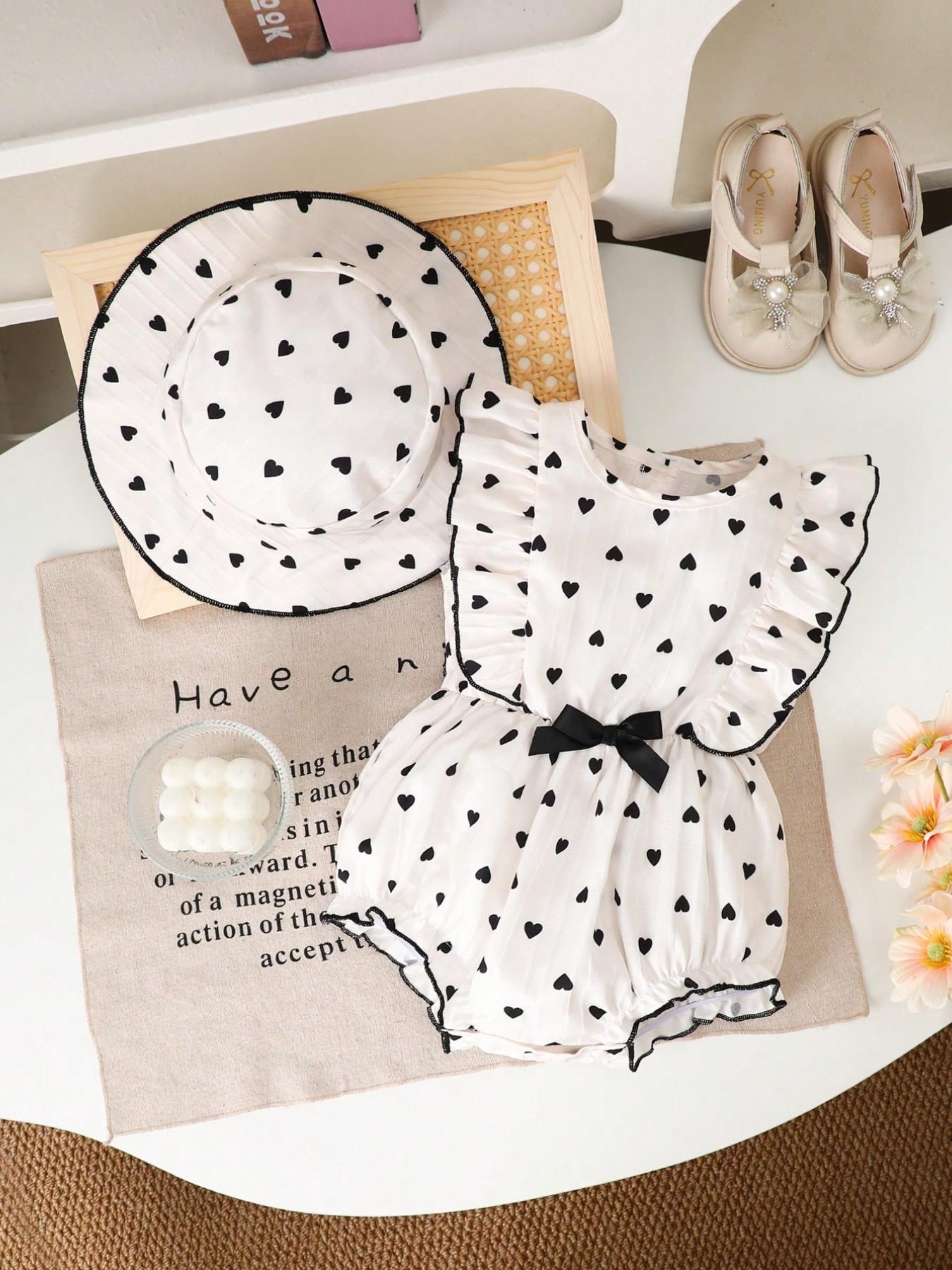 Baby Girl Summer Sleeveless Jumpsuit with Hat, Heart Print, Cute Round Neck Ruffle, Perfect for Outdoor, Festival, Daily Wear