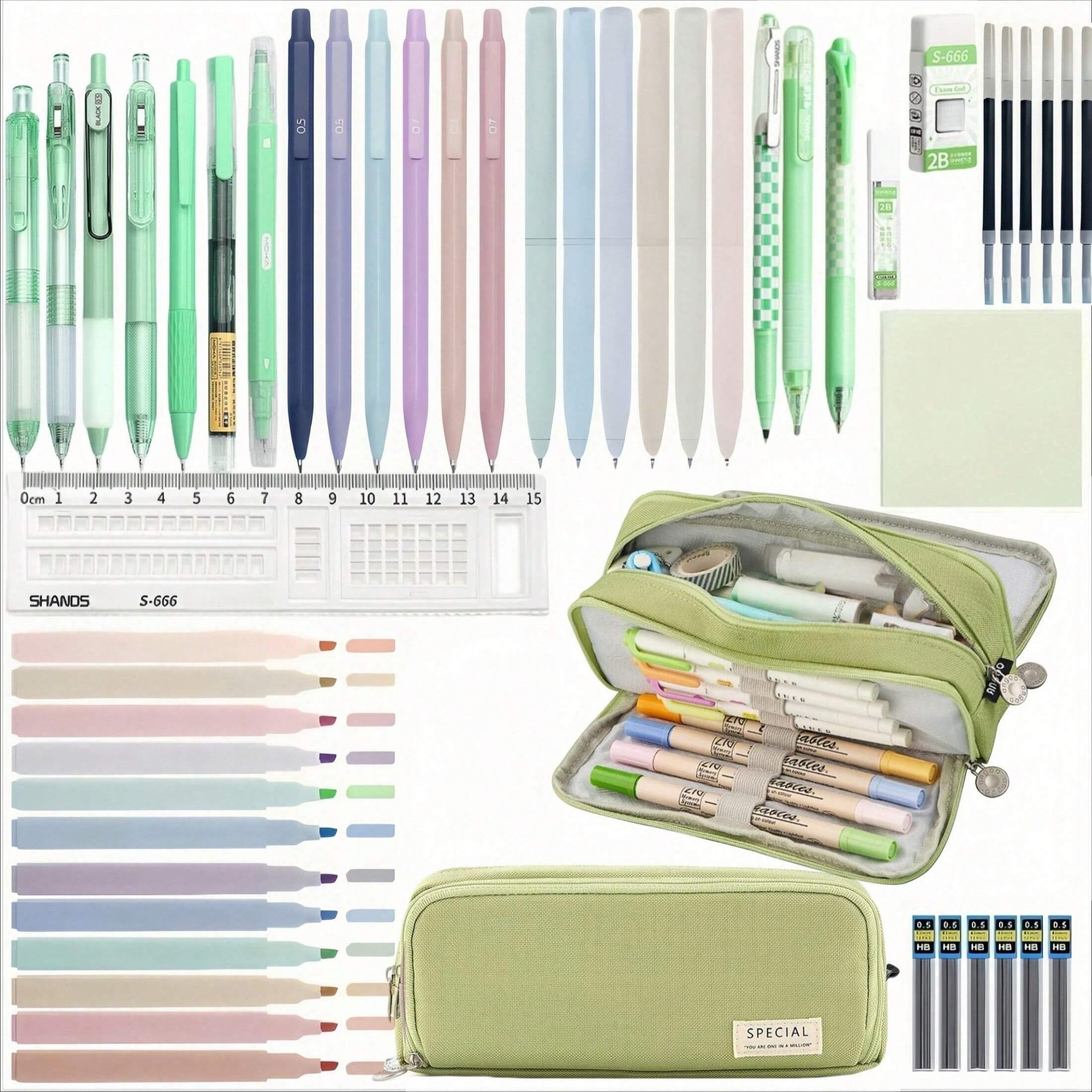 50pcs Morandi Stationery Set, Back to School, Large Capacity Pencil Case, Gel Pens, Mechanical Pencils, Highlighters, Sticky Notes, Eraser, Ruler