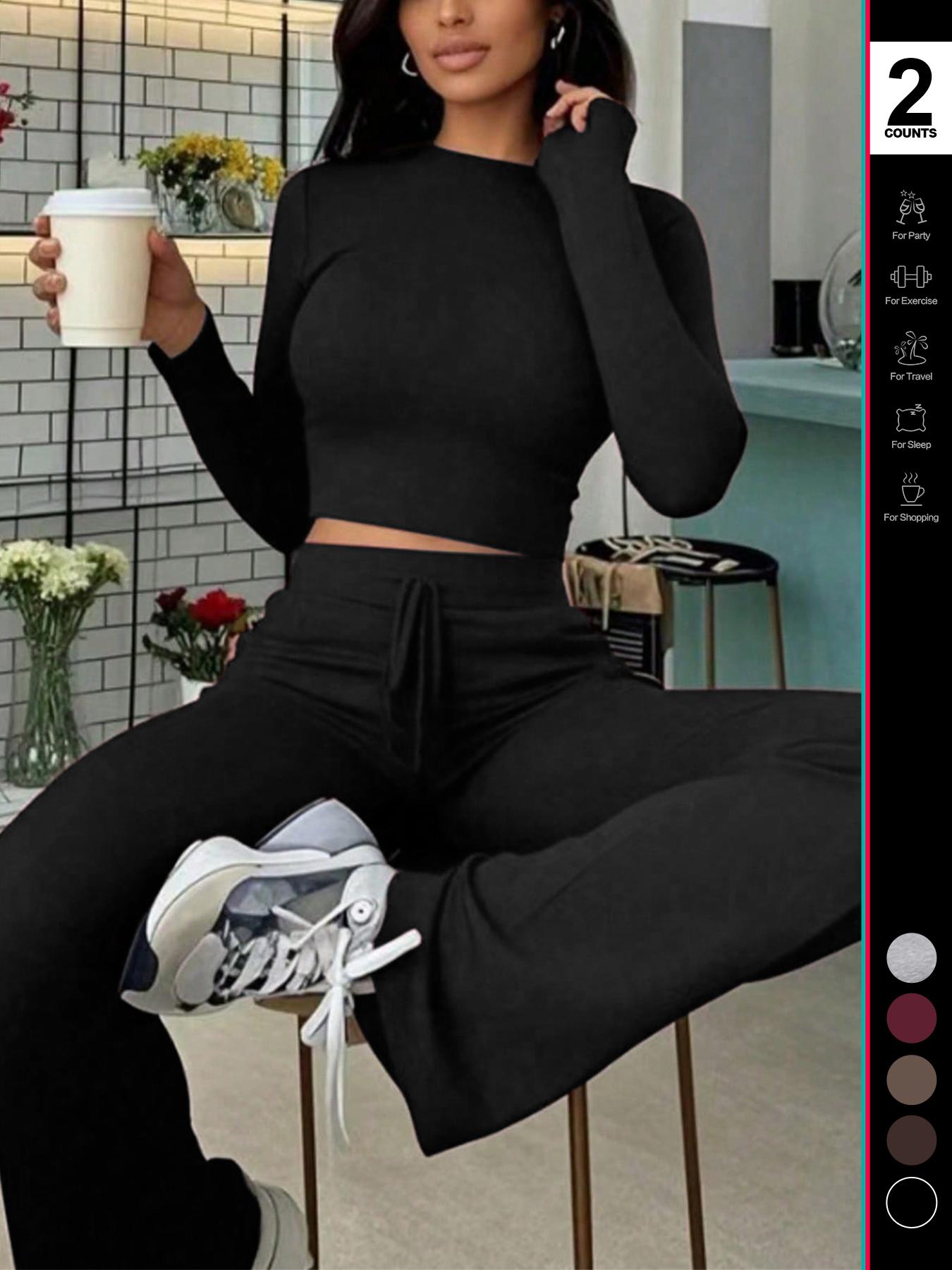 2026 Two Pieces Fall Women Clothes Y2K Sporty Casual Home Solid Color Fitted Long-Sleeved T-Shirt And Long Pants Set