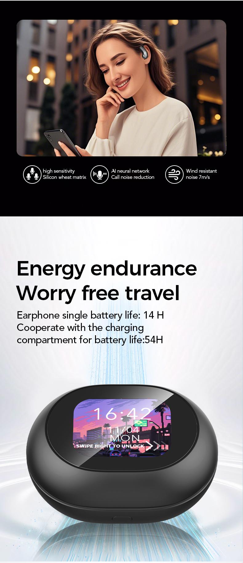 MINISO MS188 LCD Wireless Bluetooth Earphones,OWS Open Ear Headphones with Mic,Full Color Display Charging Case Headsets for music sports, Earbuds with Earhooks